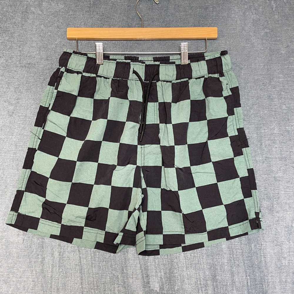 Forever 21 Board Shorts Mens Large Green Black Check Pockets Drawstring Waist